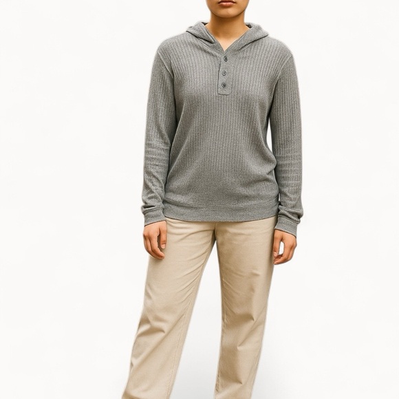 American Eagle | Heather Gray Knit Ribbed Hoodie Medium Casual Loungewear Cozy - Picture 1 of 8